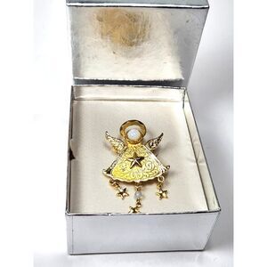 Vintage KC Guardian Angel Brooch Pin Kenneth Cole Gold Tone Glass Moonstone